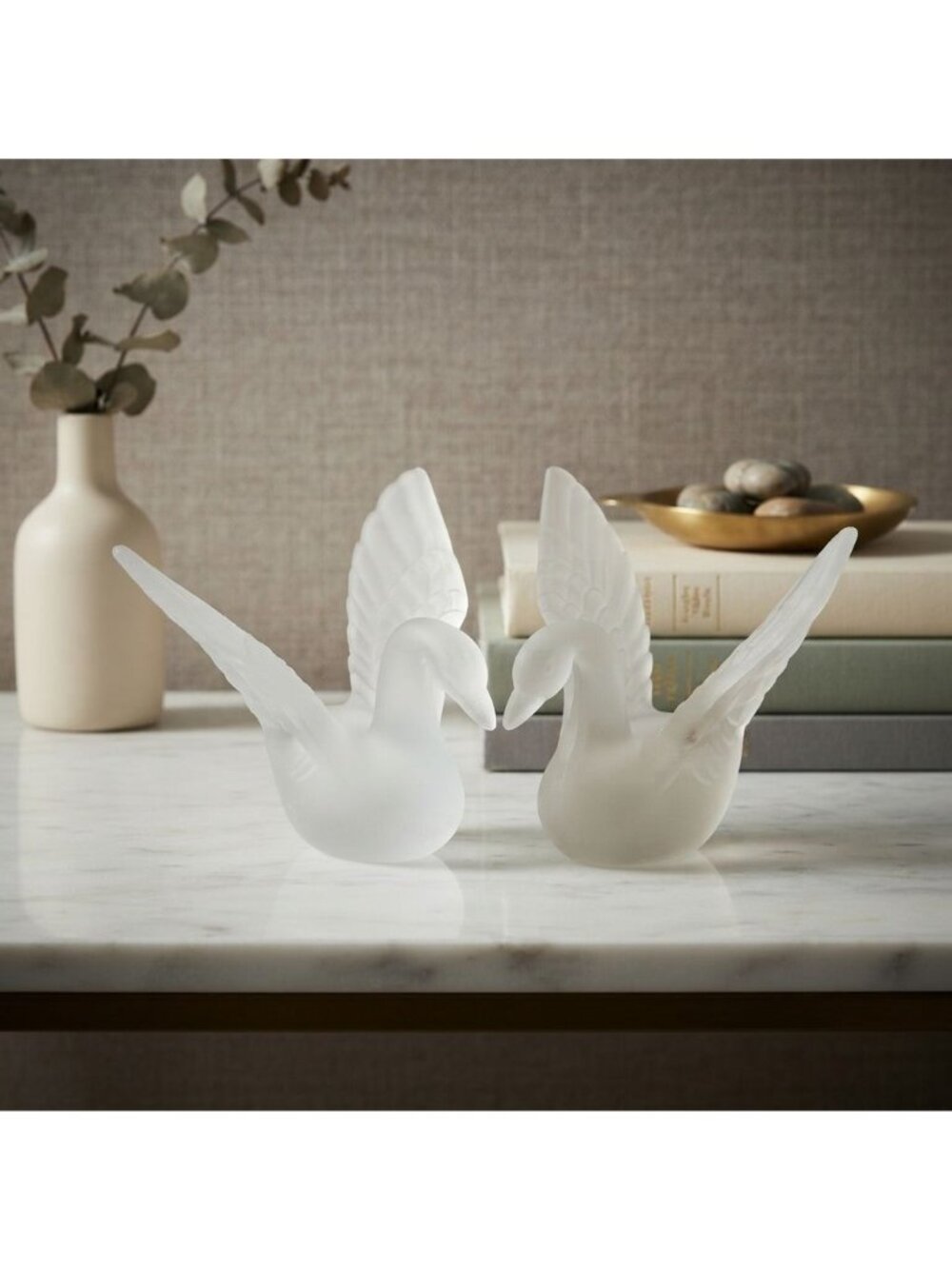 Vintage Frosted Satin Glass Swan Figurine Raised Wings Art Glass Bird Decor